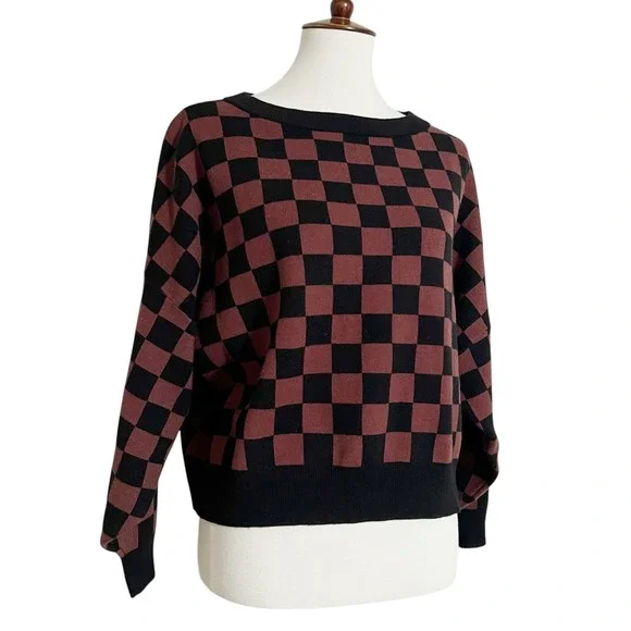 Checkered Crew Neck Sweater - Black and Brown - Picture 8 of 12